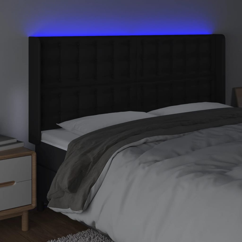 sengegavl med LED-lys 147x16x118/128 cm kunstlæder sort