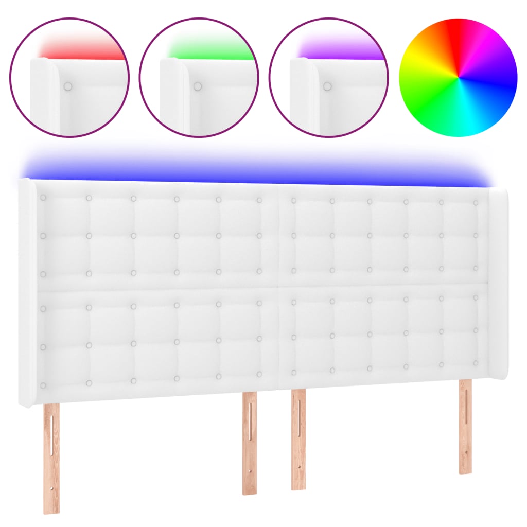 sengegavl med LED-lys 147x16x118/128 cm kunstlæder hvid