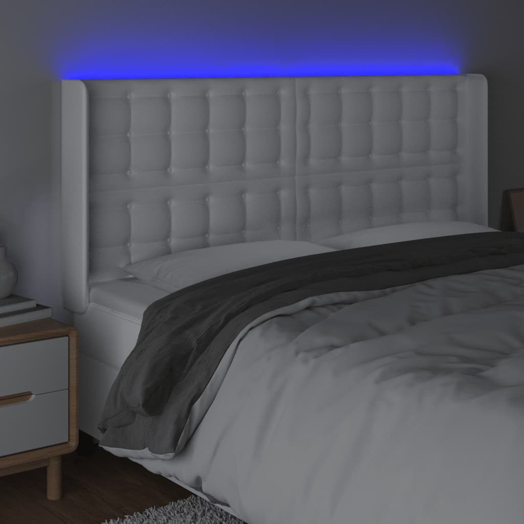 sengegavl med LED-lys 147x16x118/128 cm kunstlæder hvid