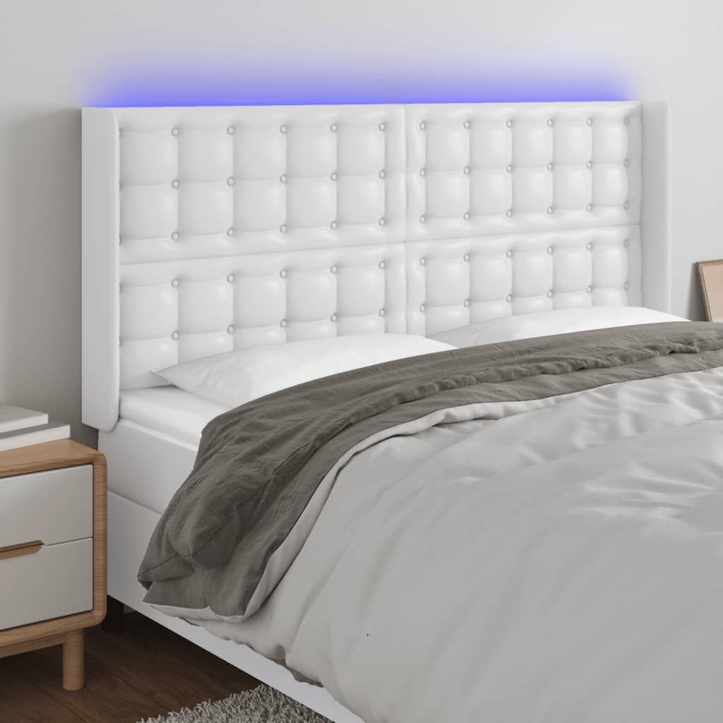 sengegavl med LED-lys 147x16x118/128 cm kunstlæder hvid