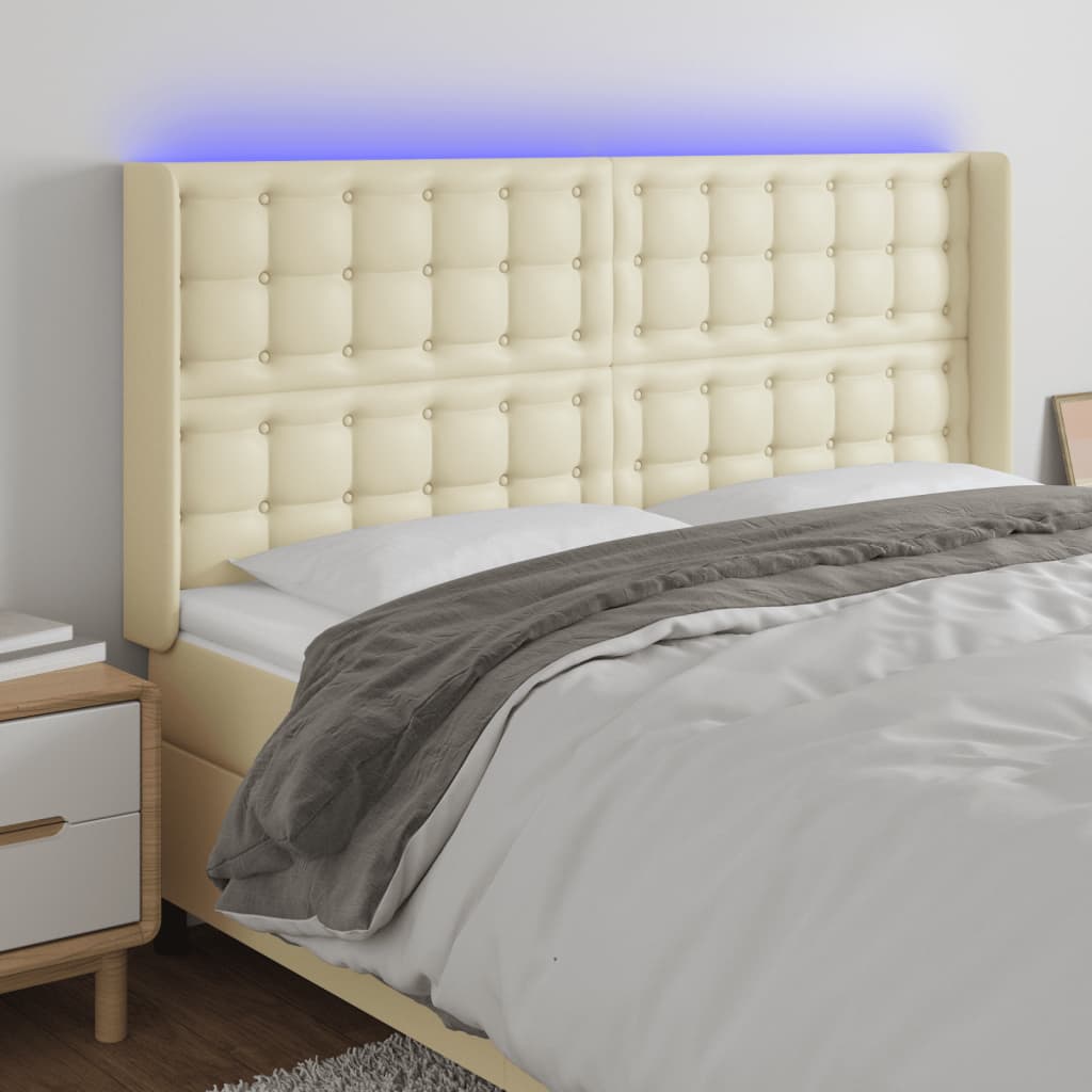 sengegavl med LED-lys 147x16x118/128 cm kunstlæder cremefarvet