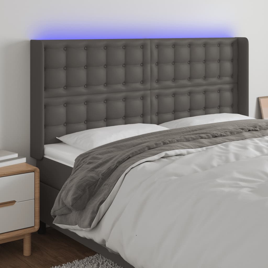 sengegavl med LED-lys 147x16x118/128 cm kunstlæder grå