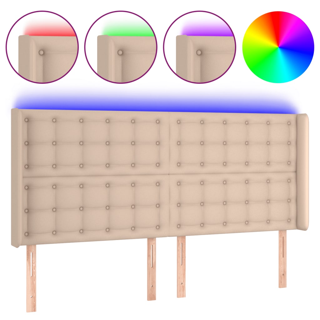 sengegavl med LED-lys 147x16x118/128 cm kunstlæder cappuccino