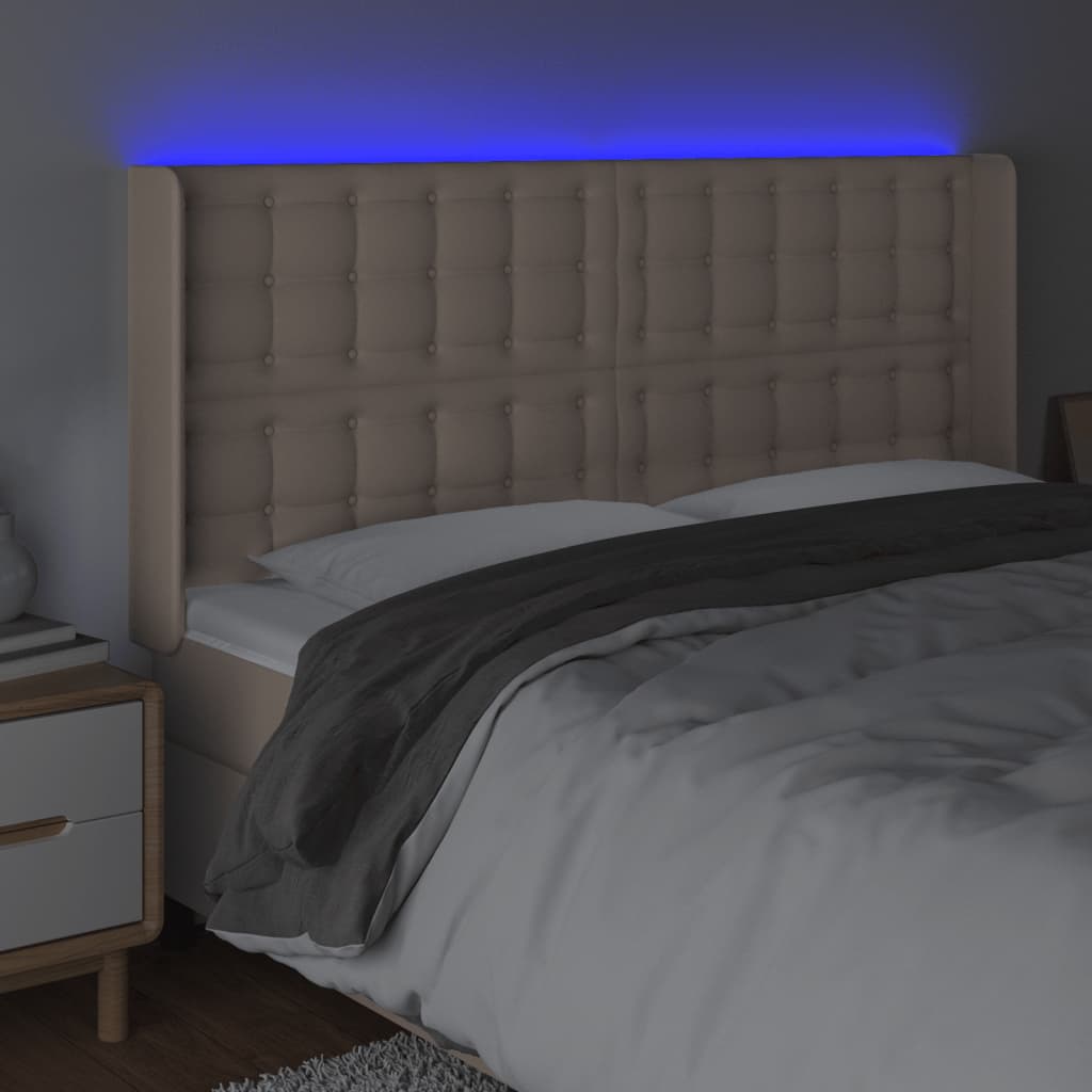 sengegavl med LED-lys 147x16x118/128 cm kunstlæder cappuccino