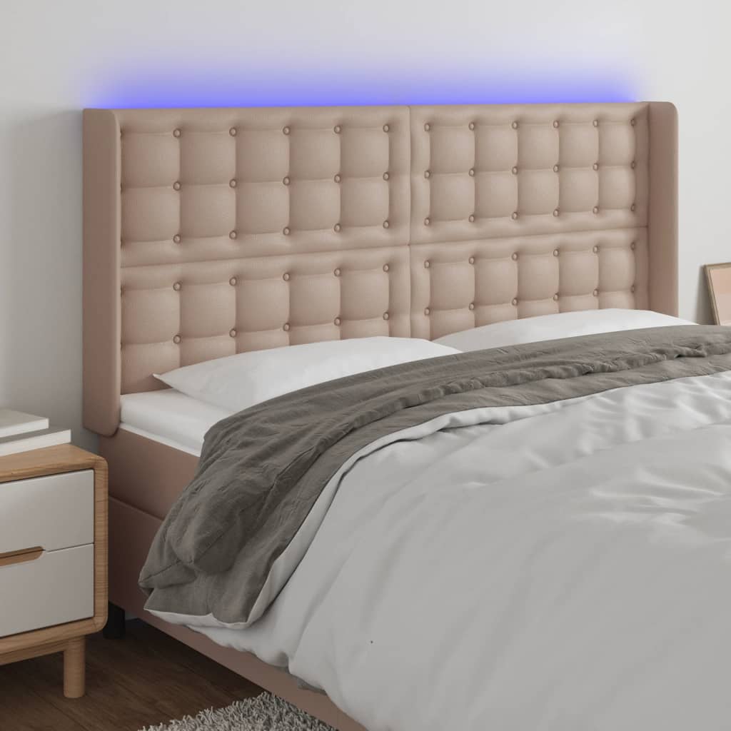 sengegavl med LED-lys 147x16x118/128 cm kunstlæder cappuccino