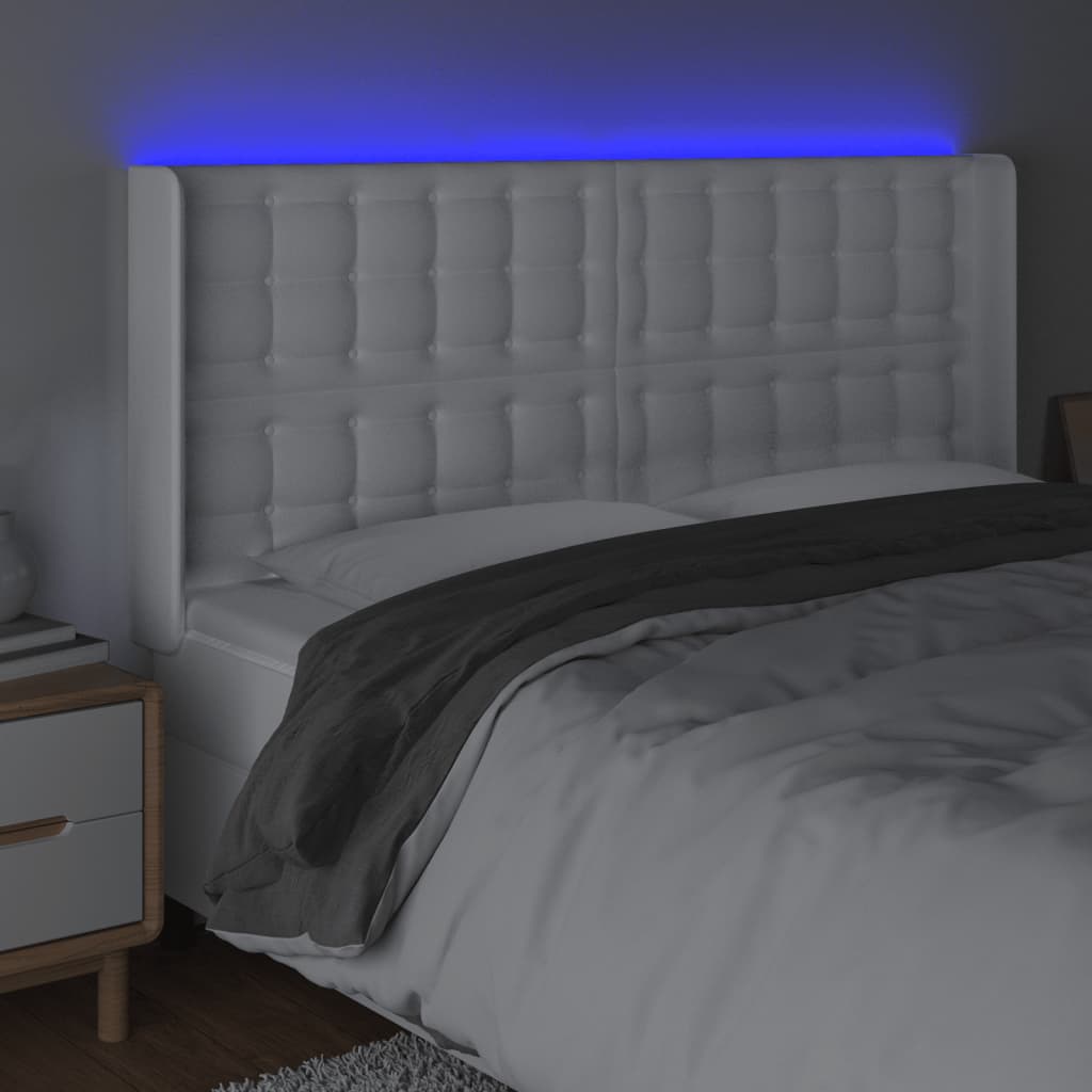 sengegavl med LED-lys 163x16x118/128 cm kunstlæder hvid