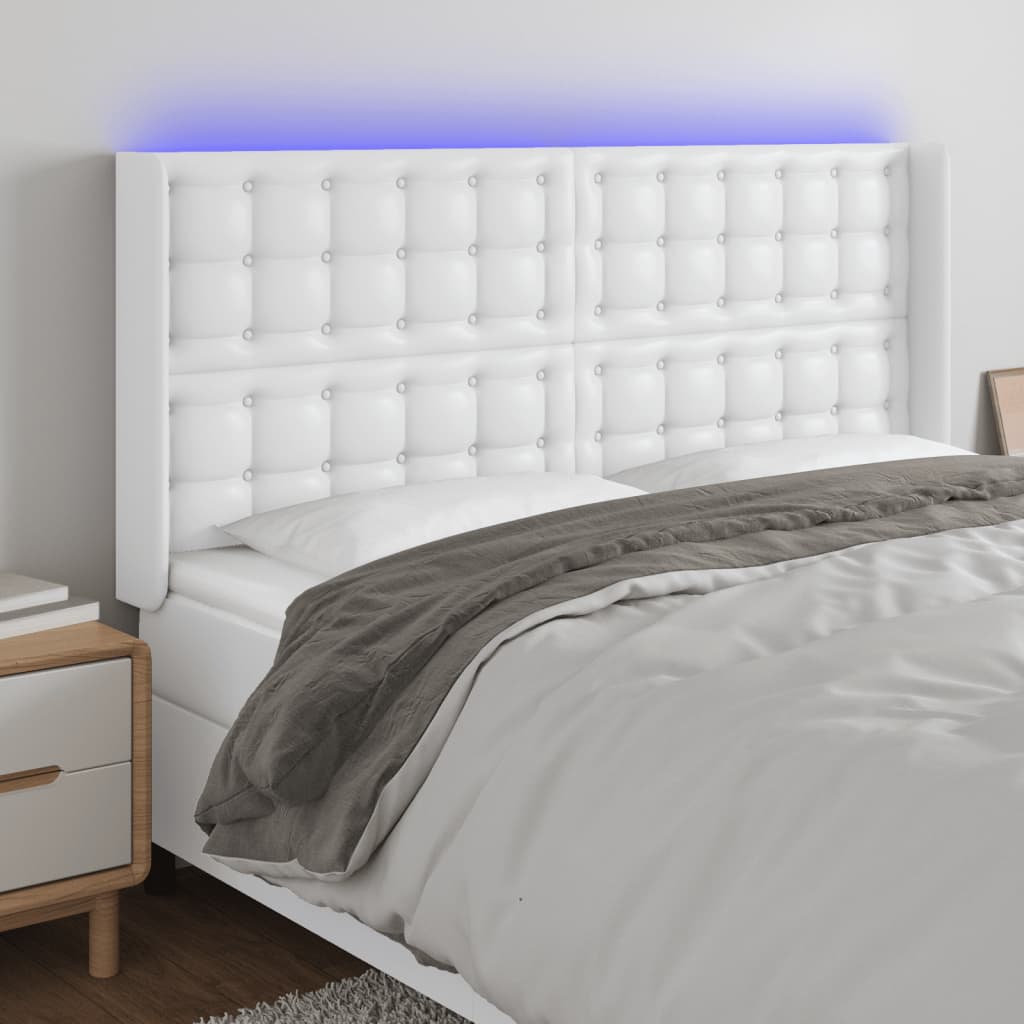 sengegavl med LED-lys 163x16x118/128 cm kunstlæder hvid