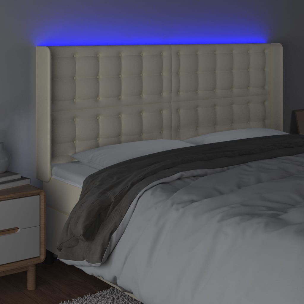 sengegavl med LED-lys 163x16x118/128 cm kunstlæder cremefarvet