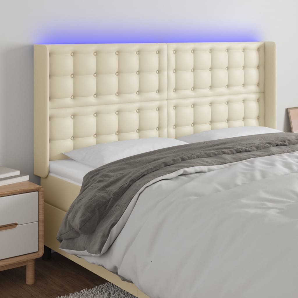 sengegavl med LED-lys 163x16x118/128 cm kunstlæder cremefarvet