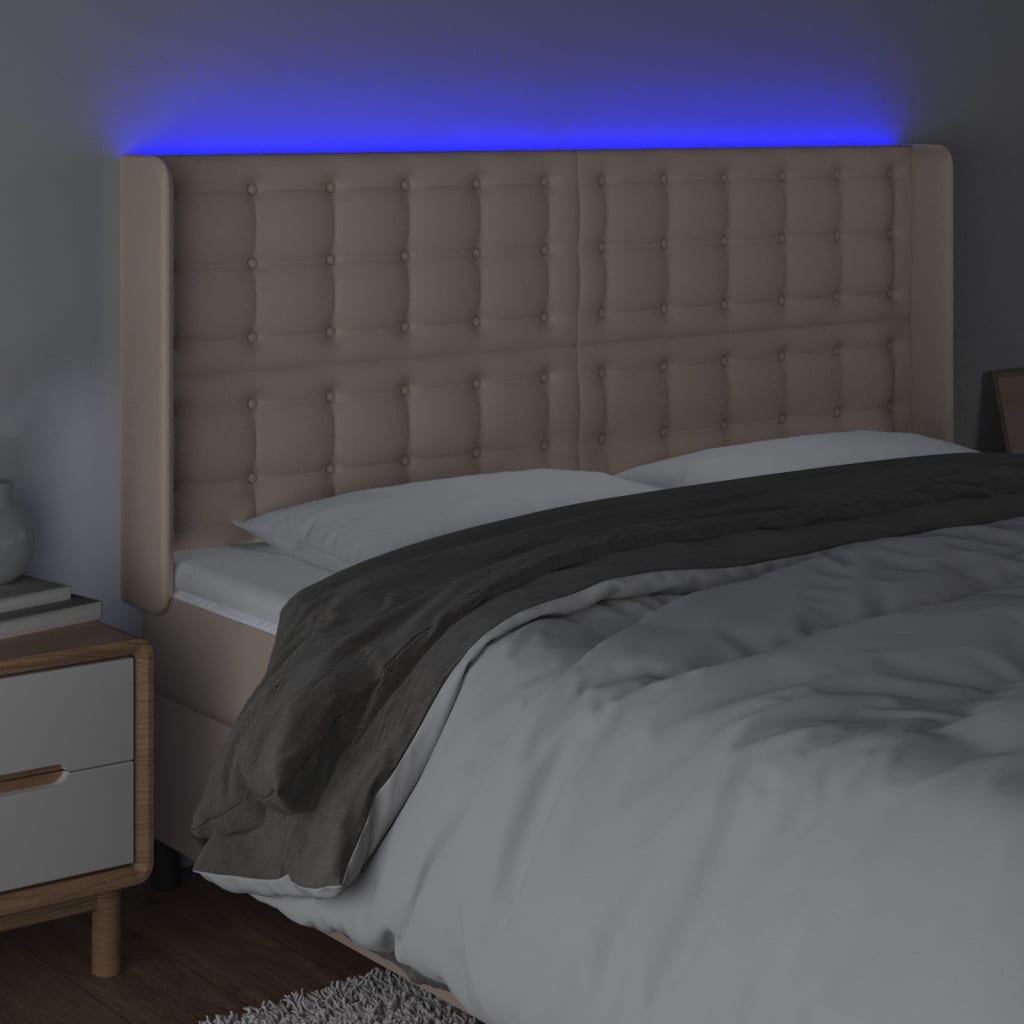 sengegavl med LED-lys 163x16x118/128 cm kunstlæder cappuccino