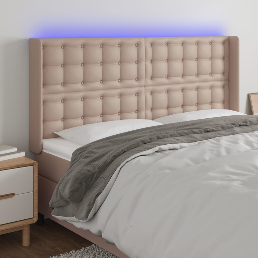 sengegavl med LED-lys 163x16x118/128 cm kunstlæder cappuccino