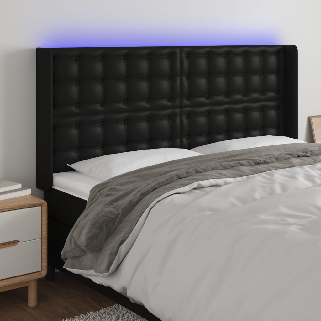sengegavl med LED-lys 183x16x118/128 cm kunstlæder sort