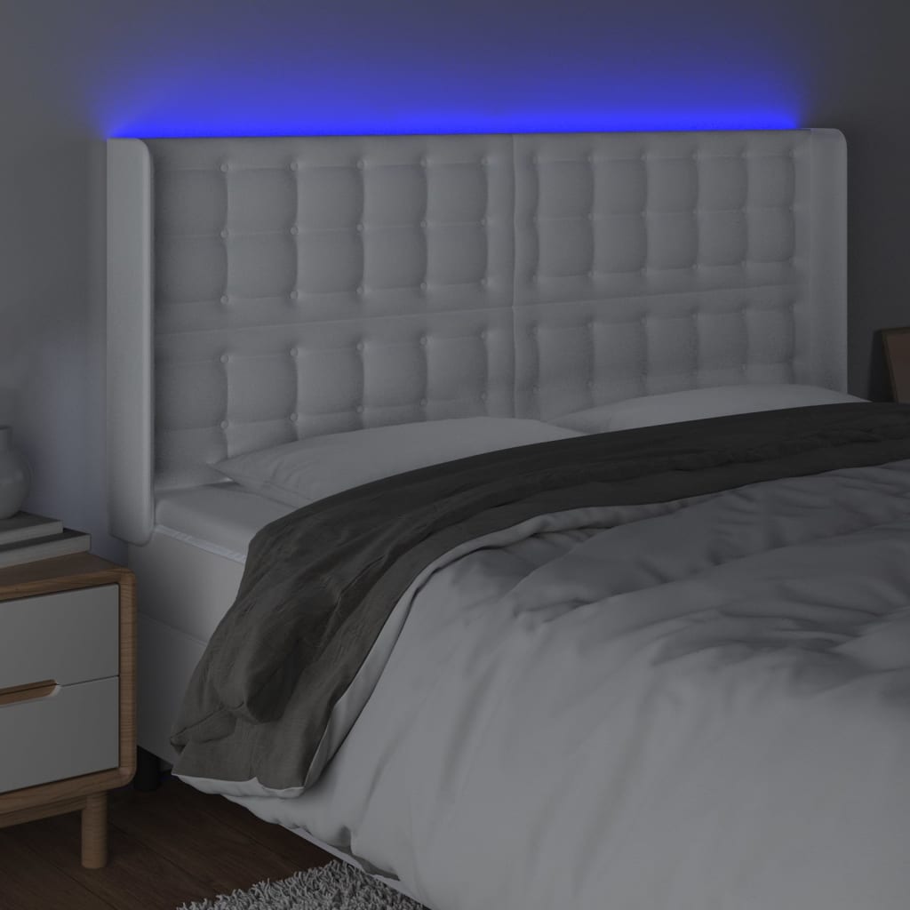 sengegavl med LED-lys 183x16x118/128 cm kunstlæder hvid