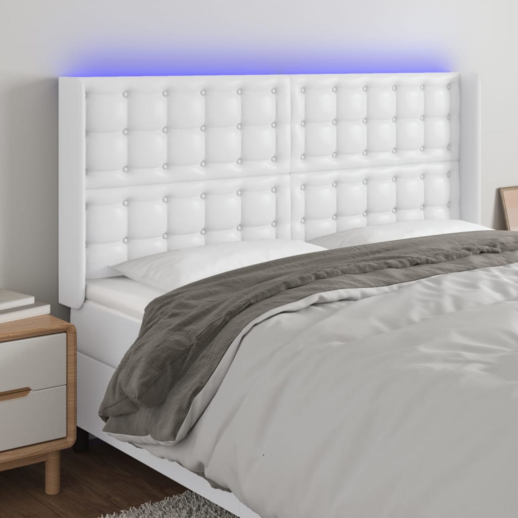 sengegavl med LED-lys 183x16x118/128 cm kunstlæder hvid