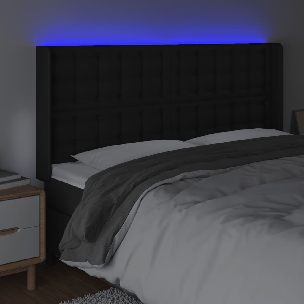 sengegavl med LED-lys 203x16x118/128 cm kunstlæder sort