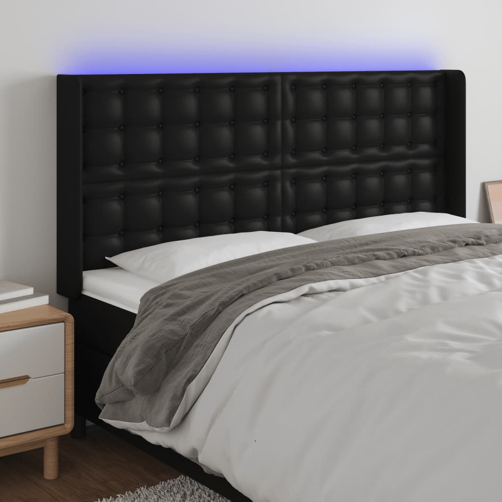 sengegavl med LED-lys 203x16x118/128 cm kunstlæder sort