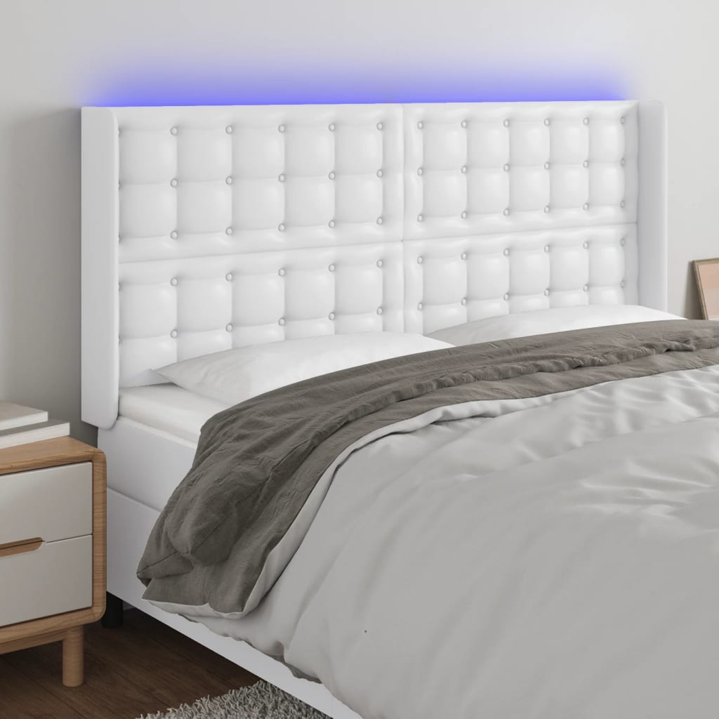 sengegavl med LED-lys 203x16x118/128 cm kunstlæder hvid