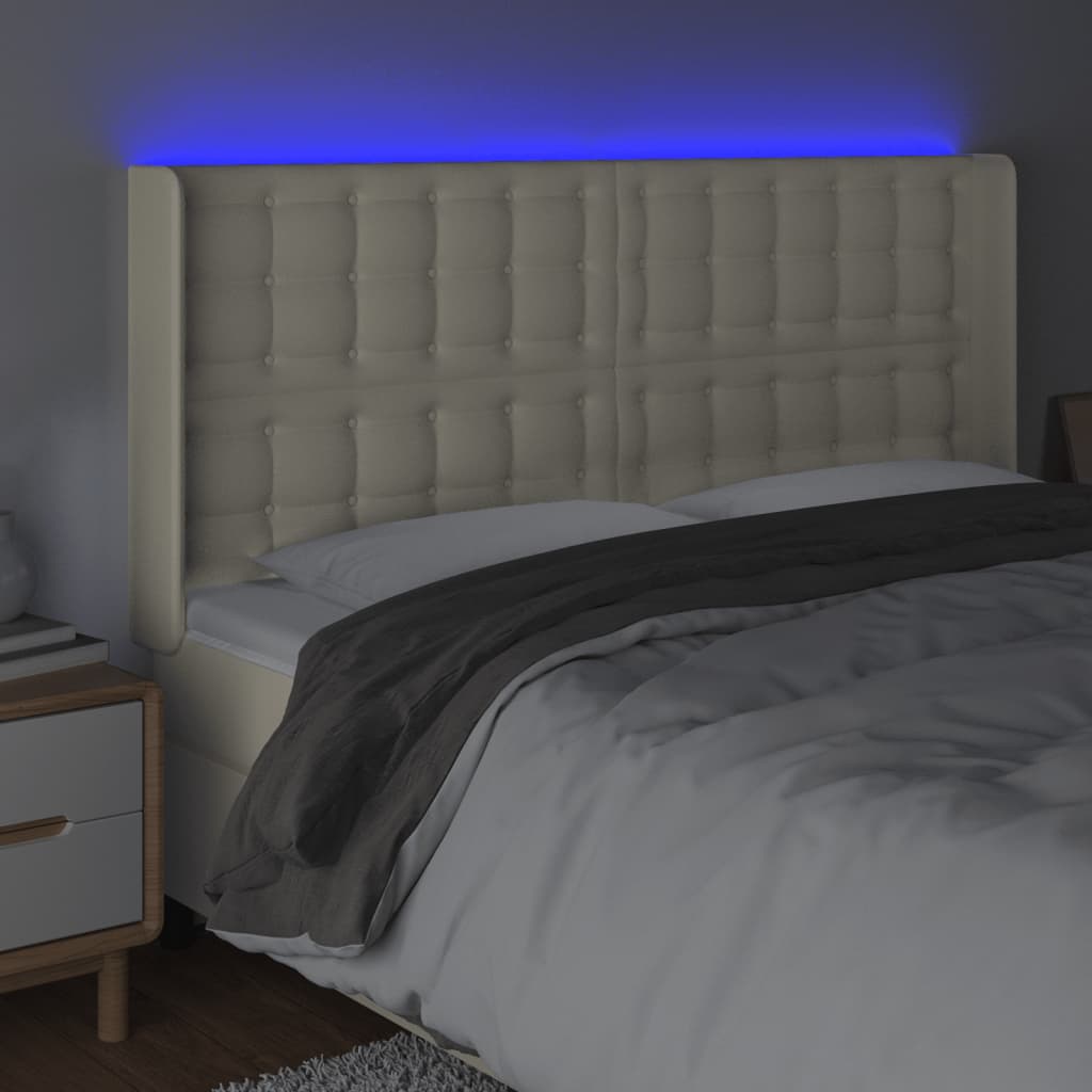 sengegavl med LED-lys 203x16x118/128 cm kunstlæder cremefarvet