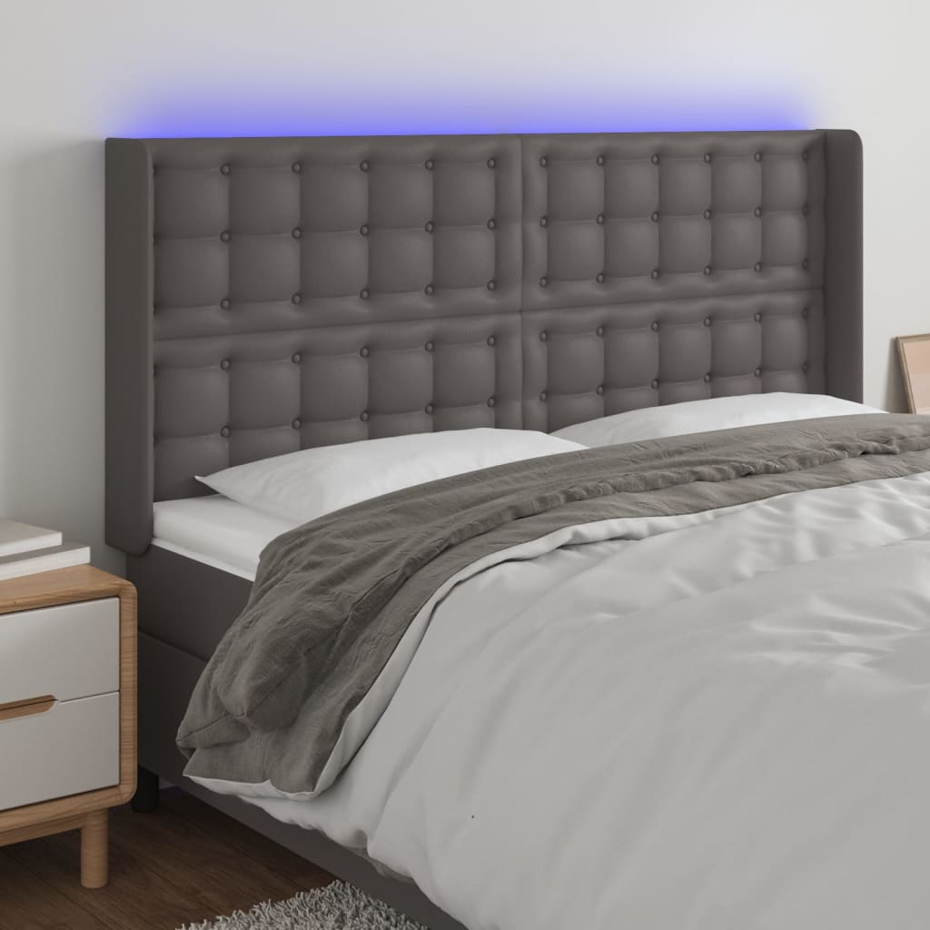 sengegavl med LED-lys 203x16x118/128 cm kunstlæder grå
