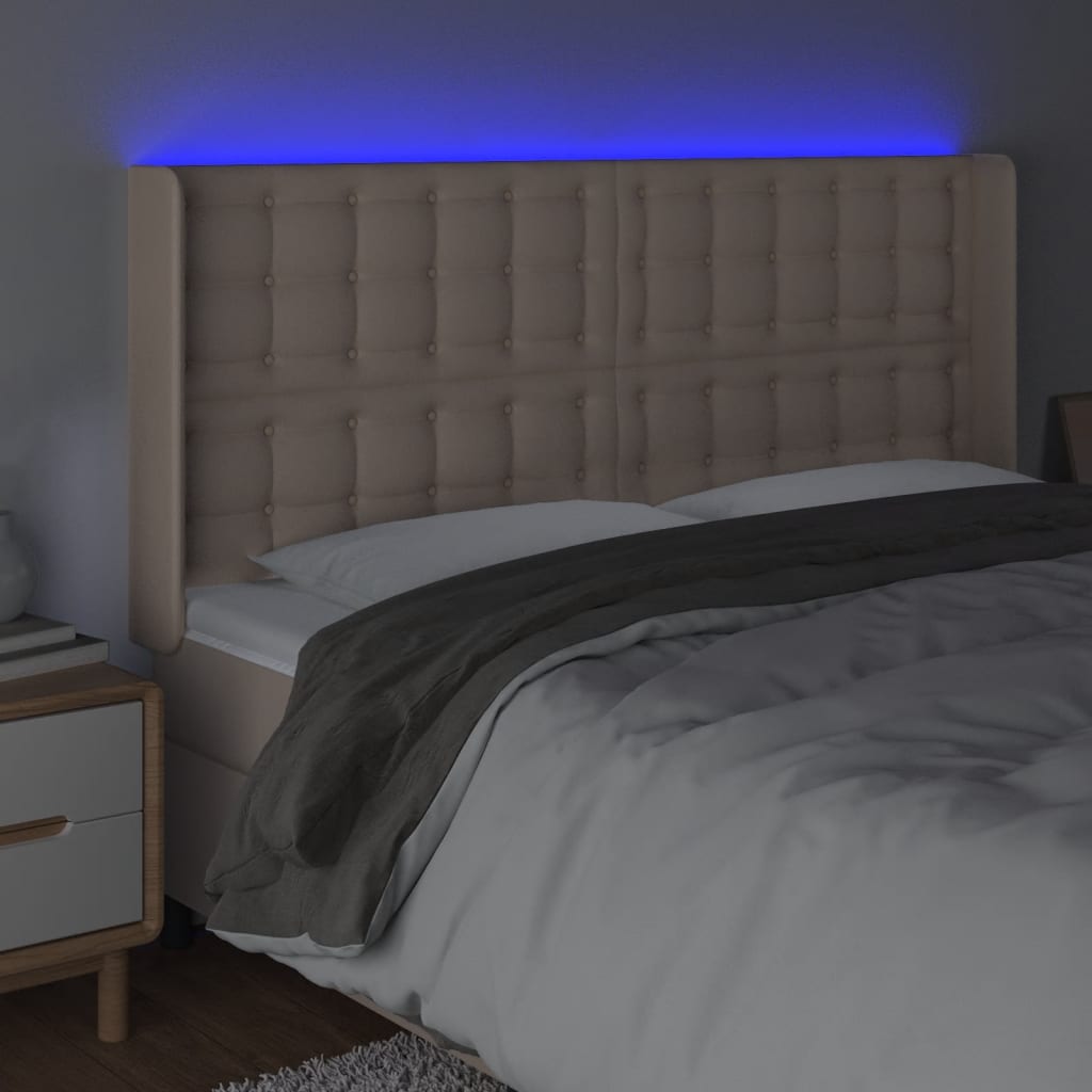 sengegavl med LED-lys 203x16x118/128 cm kunstlæder cappuccino