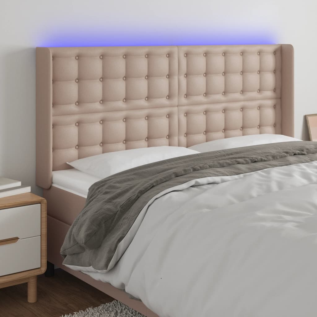 sengegavl med LED-lys 203x16x118/128 cm kunstlæder cappuccino
