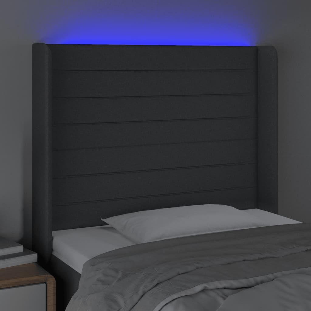 sengegavl med LED-lys 83x16x118/128 cm stof mørkegrå
