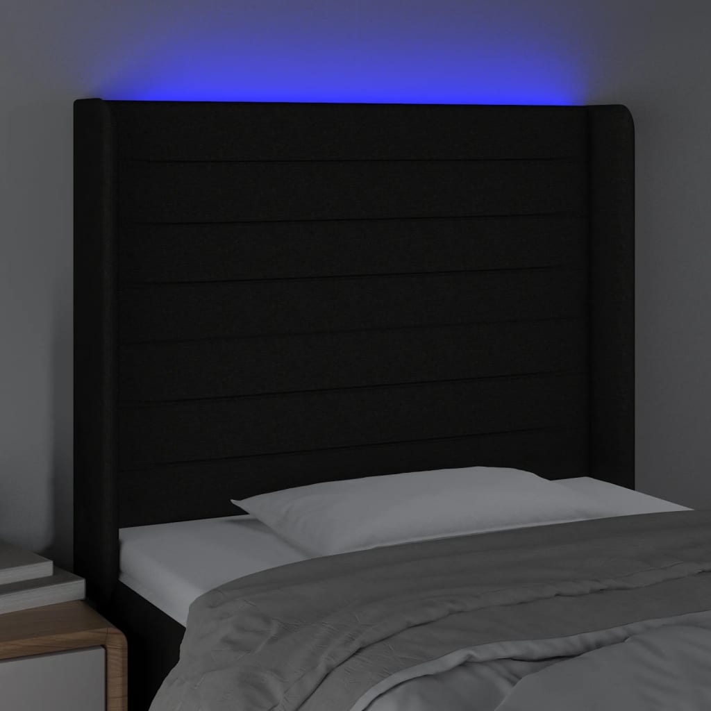 sengegavl med LED-lys 83x16x118/128 cm stof sort