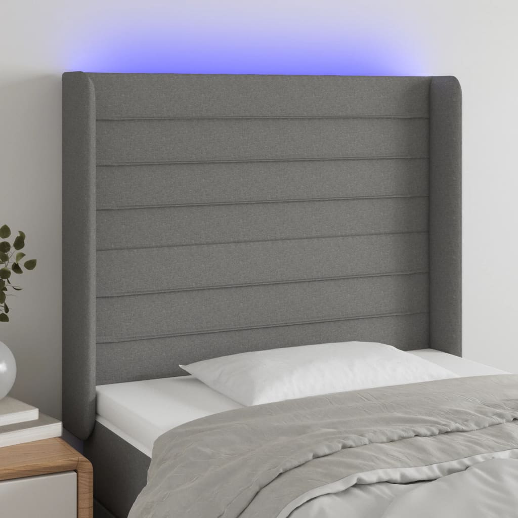 sengegavl med LED-lys 93x16x118/128 cm stof mørkegrå