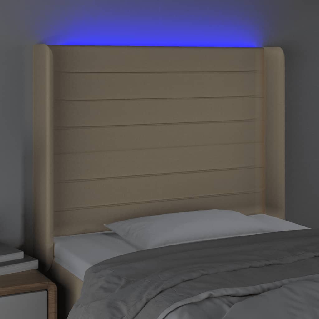 sengegavl med LED-lys 93x16x118/128 cm stof cremefarvet