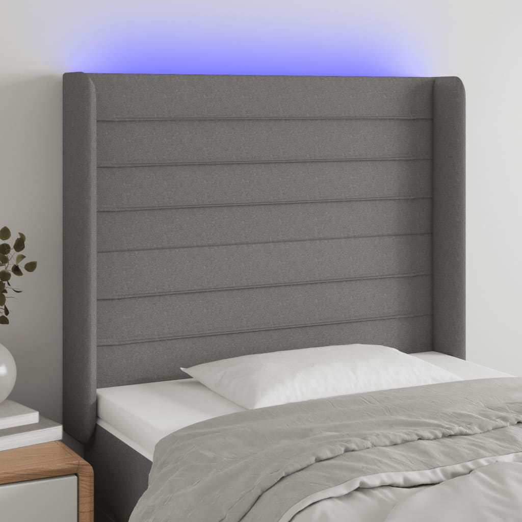sengegavl med LED-lys 103x16x118/128 cm stof mørkegrå