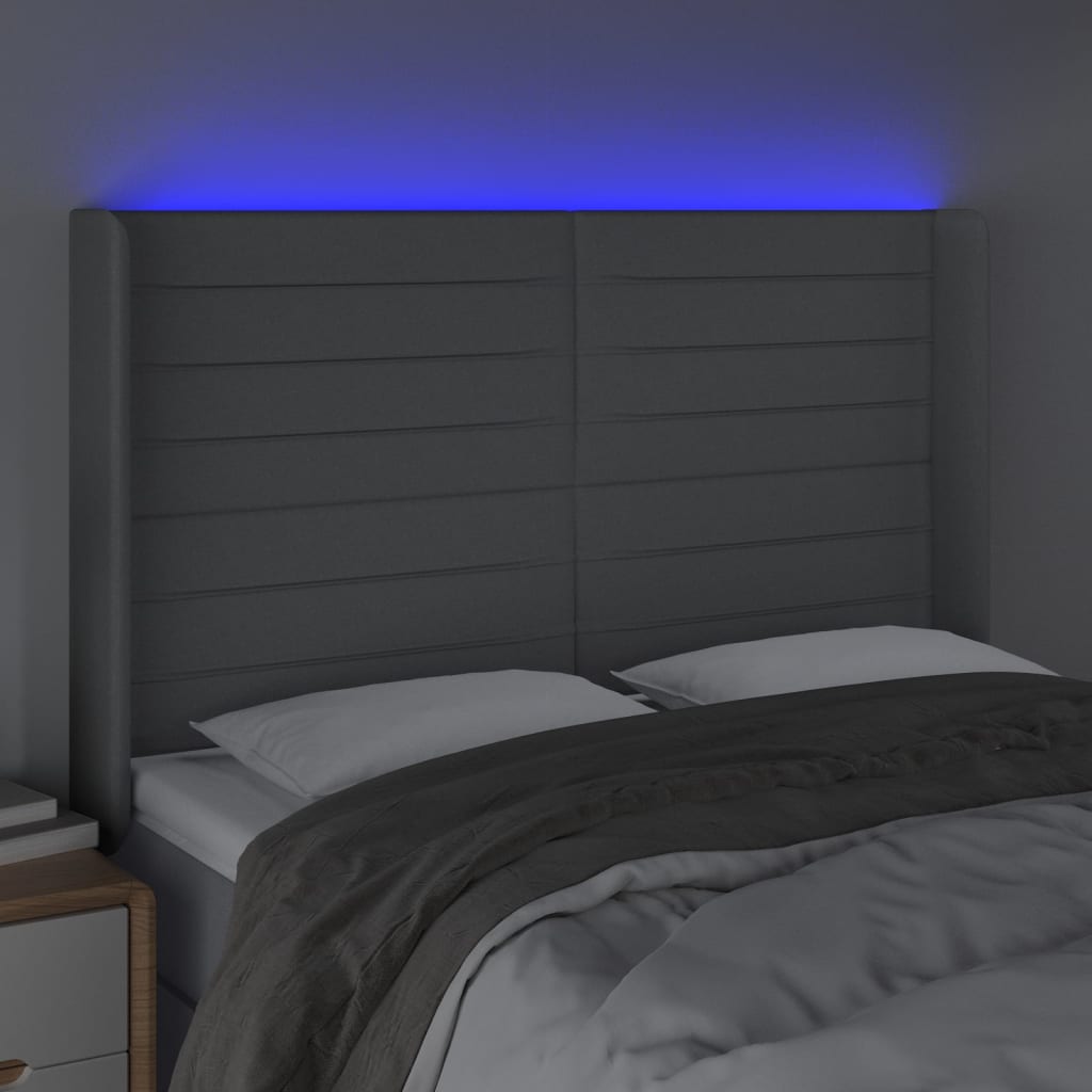 sengegavl med LED-lys 147x16x118/128 cm stof lysegrå