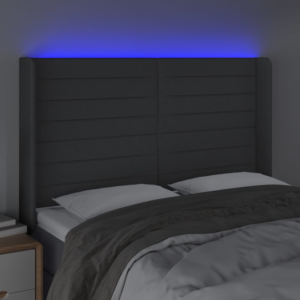 sengegavl med LED-lys 147x16x118/128 cm stof mørkegrå