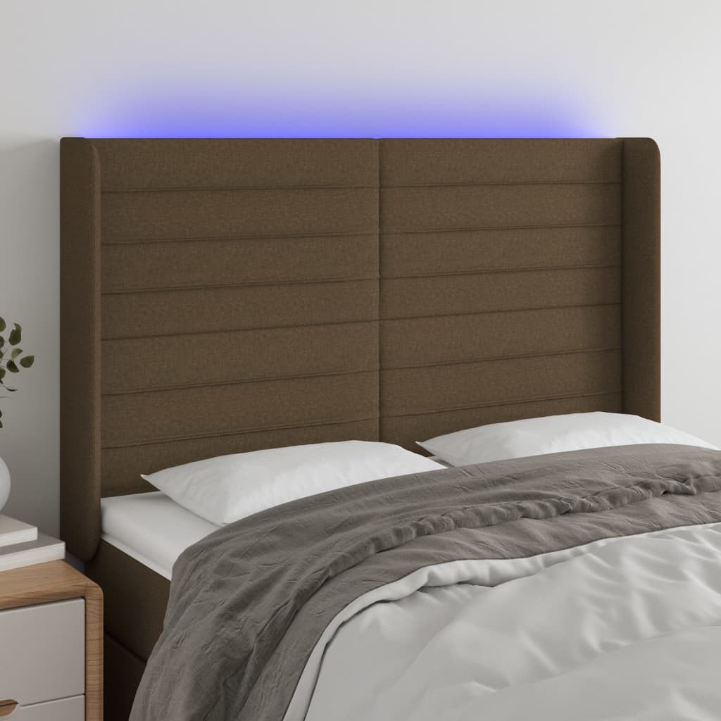 sengegavl med LED-lys 147x16x118/128 cm stof mørkebrun