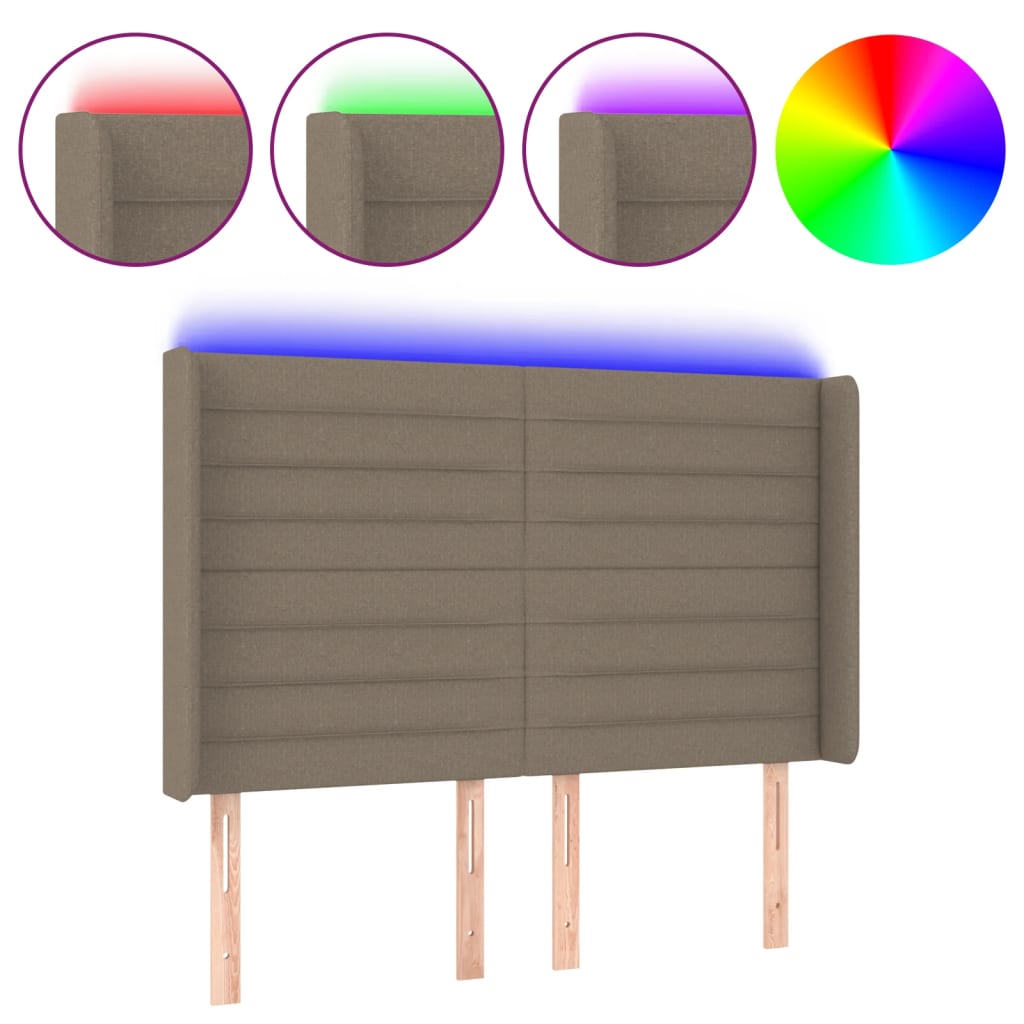 sengegavl med LED-lys 147x16x118/128 cm stof gråbrun