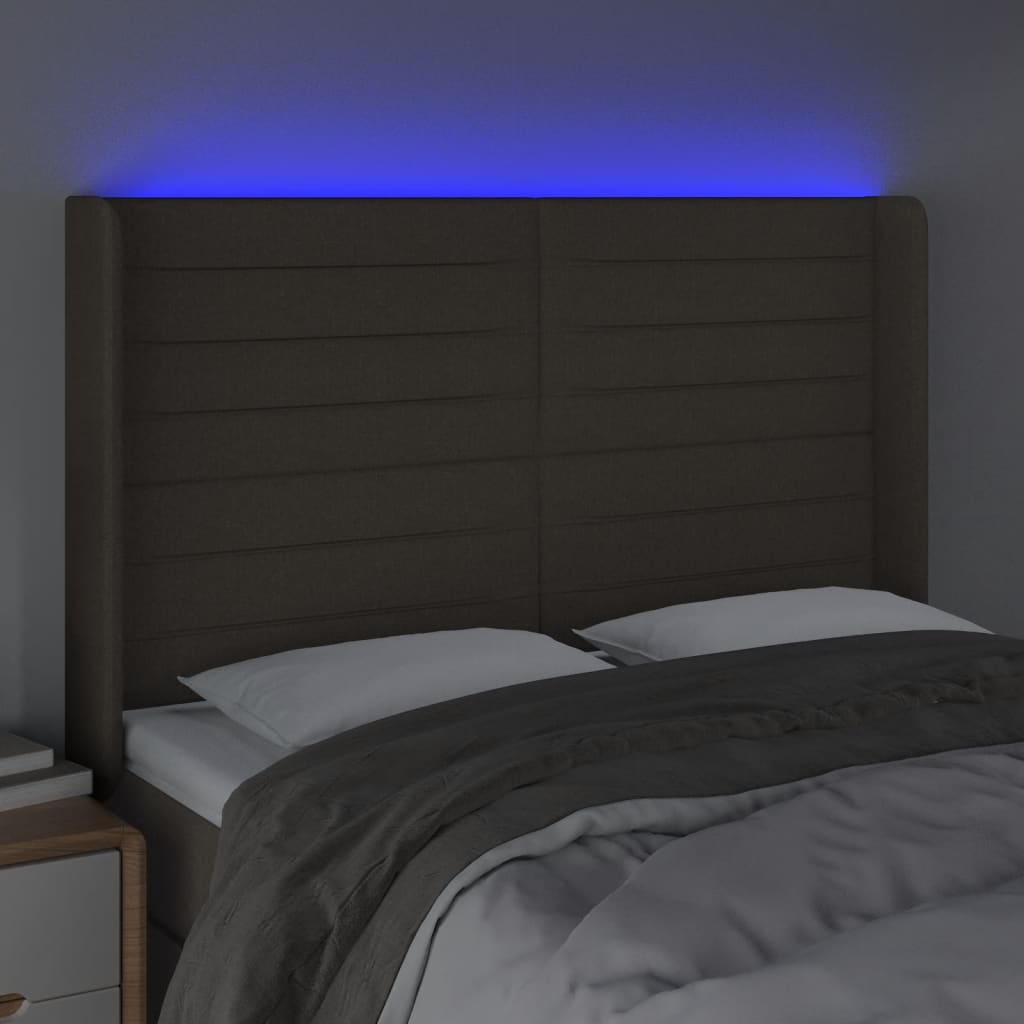 sengegavl med LED-lys 147x16x118/128 cm stof gråbrun