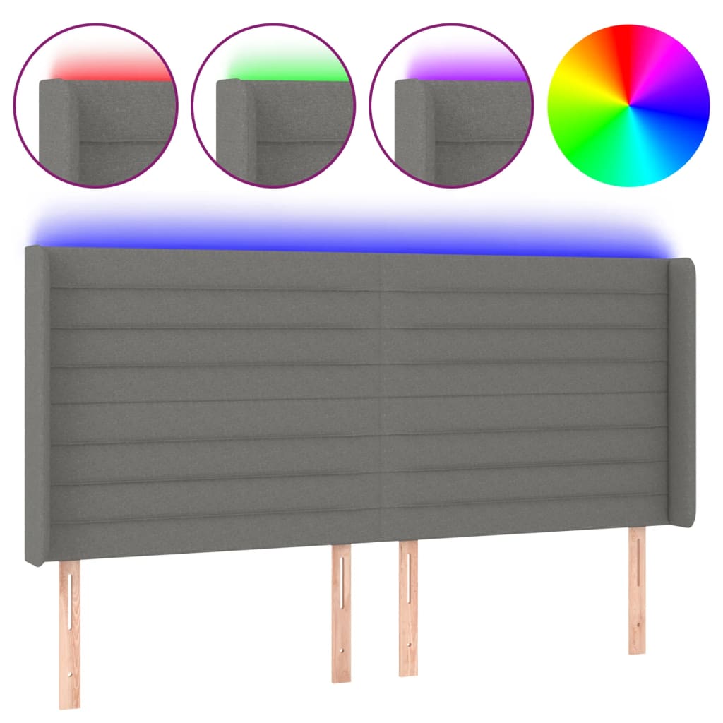 sengegavl med LED-lys 163x16x118/128 cm stof mørkegrå