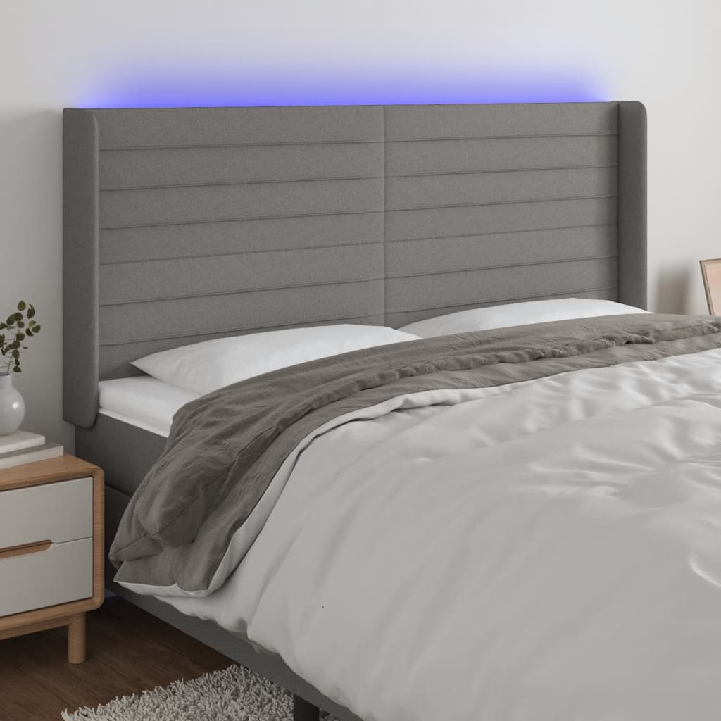 sengegavl med LED-lys 163x16x118/128 cm stof mørkegrå