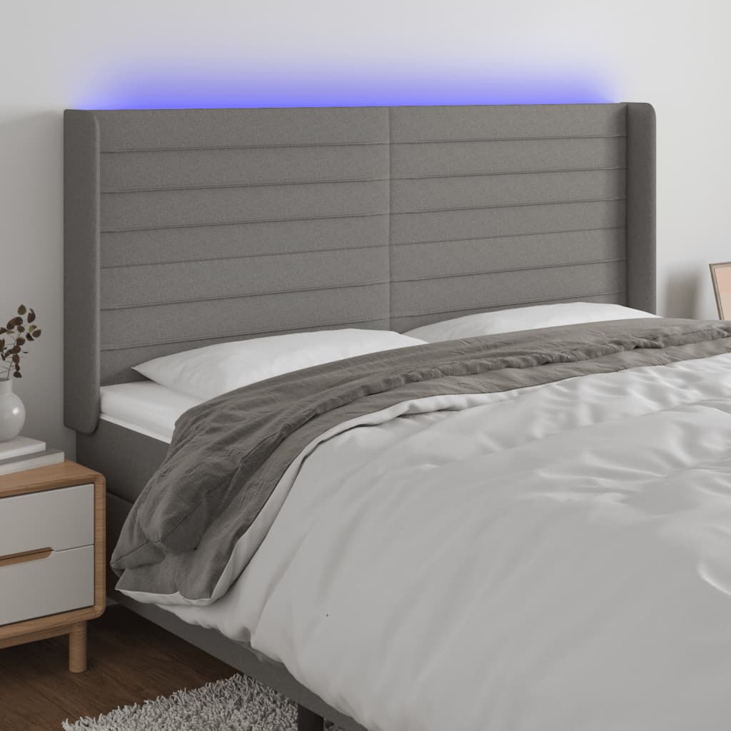 sengegavl med LED-lys 183x16x118/128 cm stof mørkegrå