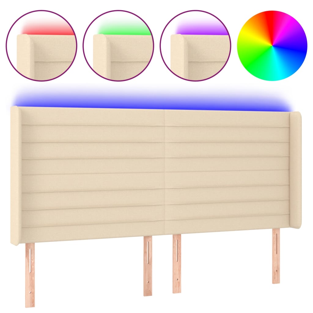 sengegavl med LED-lys 183x16x118/128 cm stof cremefarvet