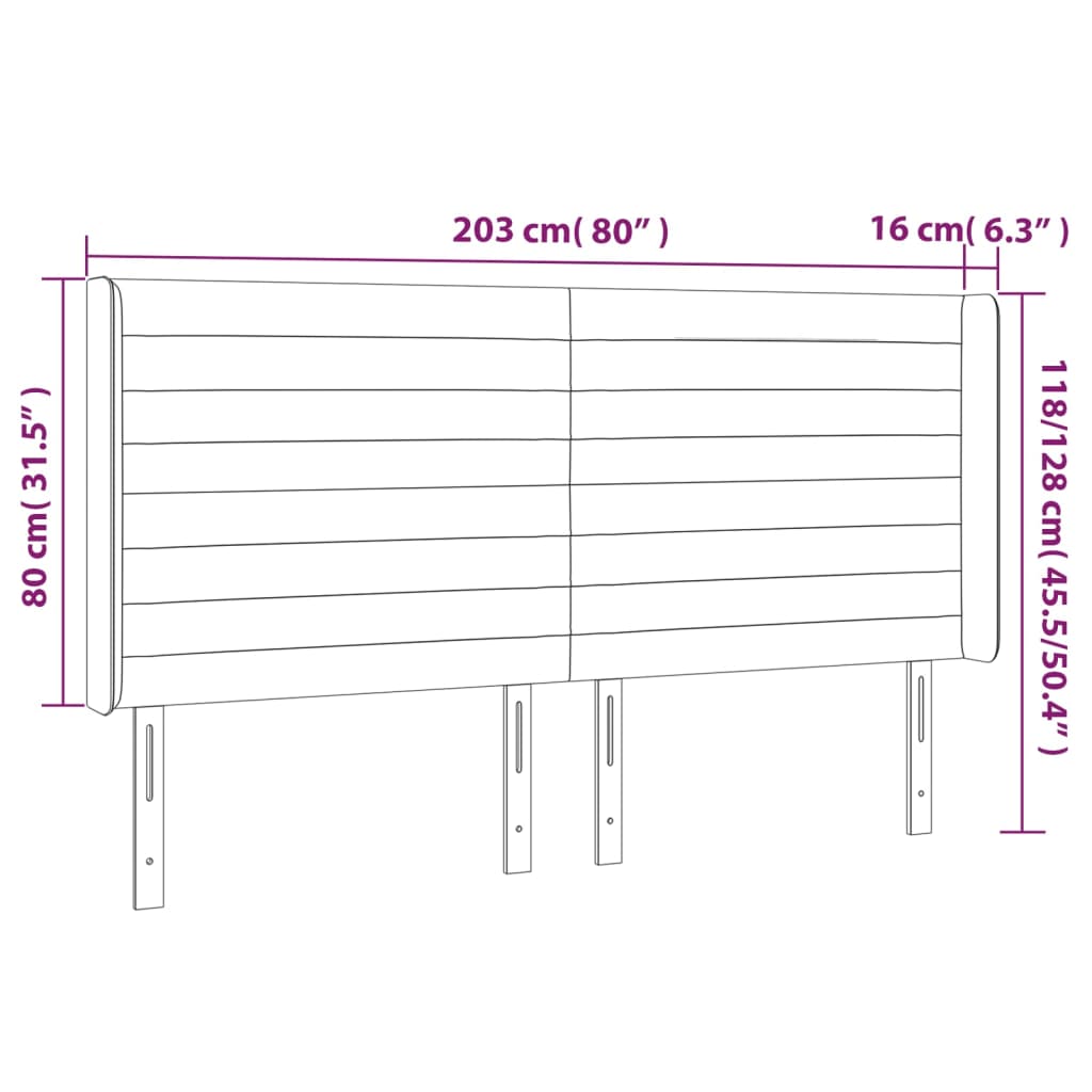 sengegavl med LED-lys 203x16x118/128 cm stof sort