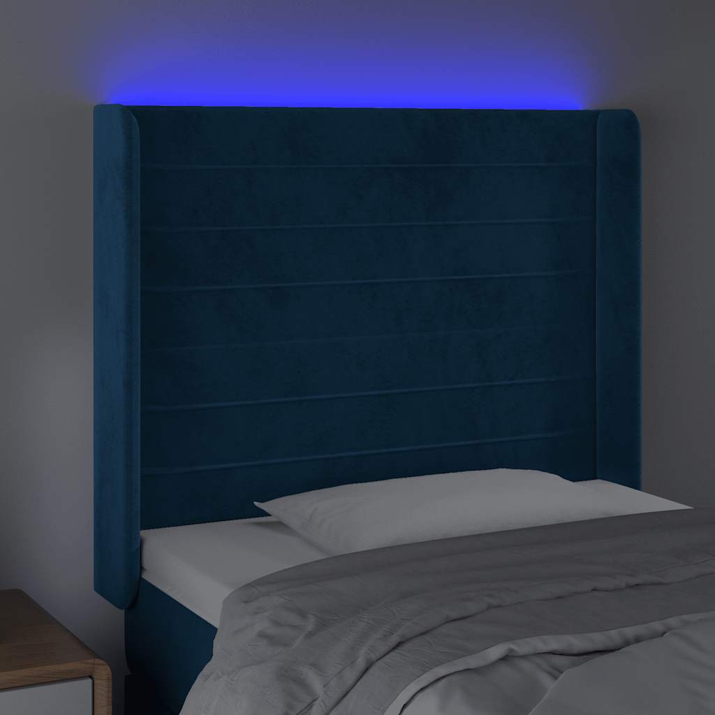 sengegavl med LED-lys 83x16x118/128 cm fløjl mørkeblå