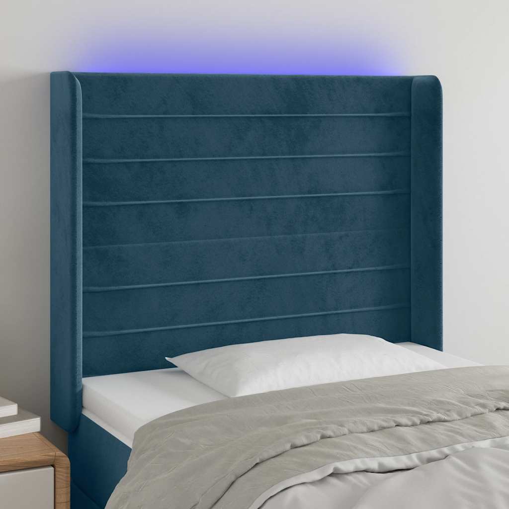 sengegavl med LED-lys 83x16x118/128 cm fløjl mørkeblå
