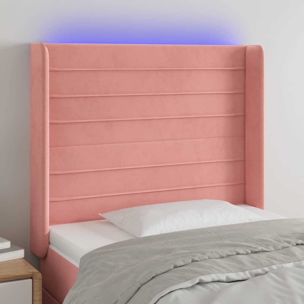 sengegavl med LED-lys 83x16x118/128 cm fløjl lyserød