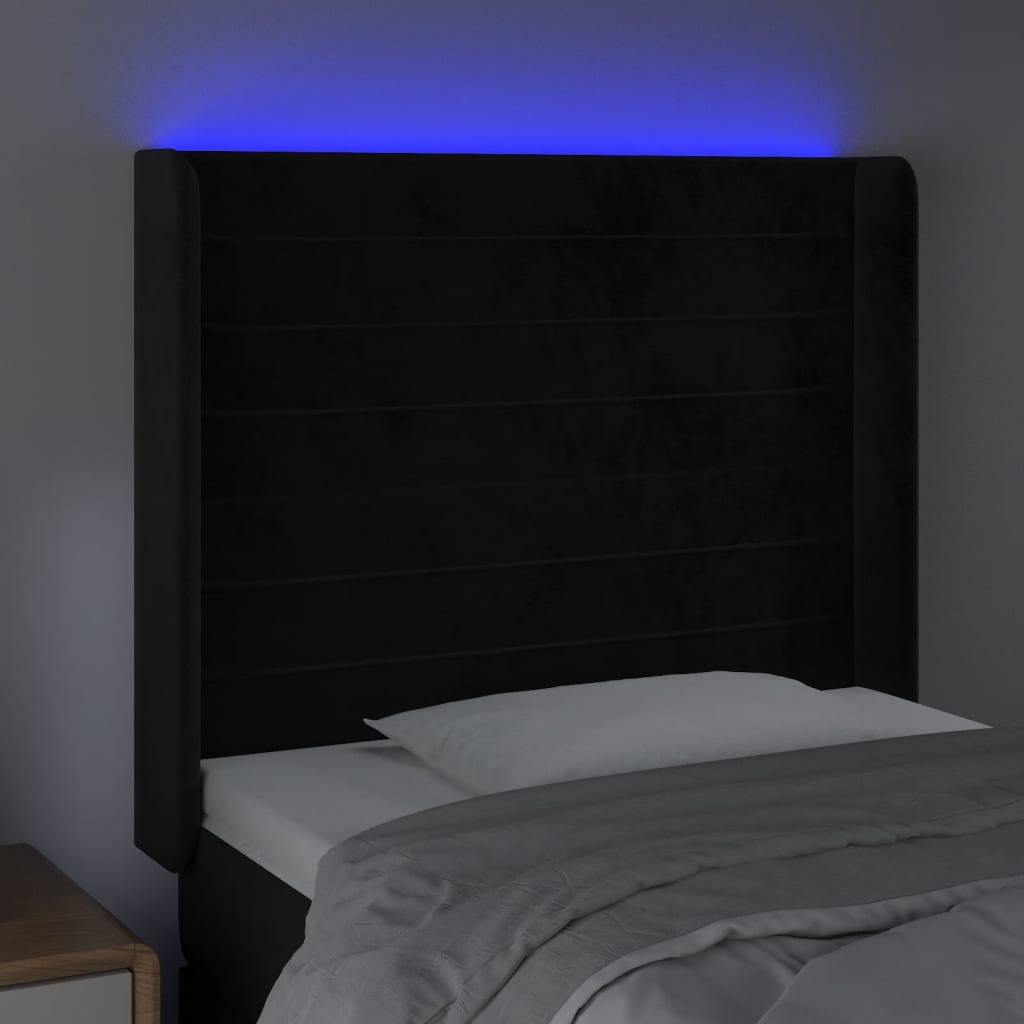 sengegavl med LED-lys 93x16x118/128 cm fløjl sort