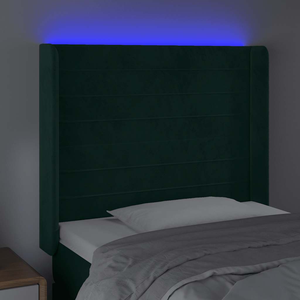 sengegavl med LED-lys 93x16x118/128 cm fløjl mørkegrøn