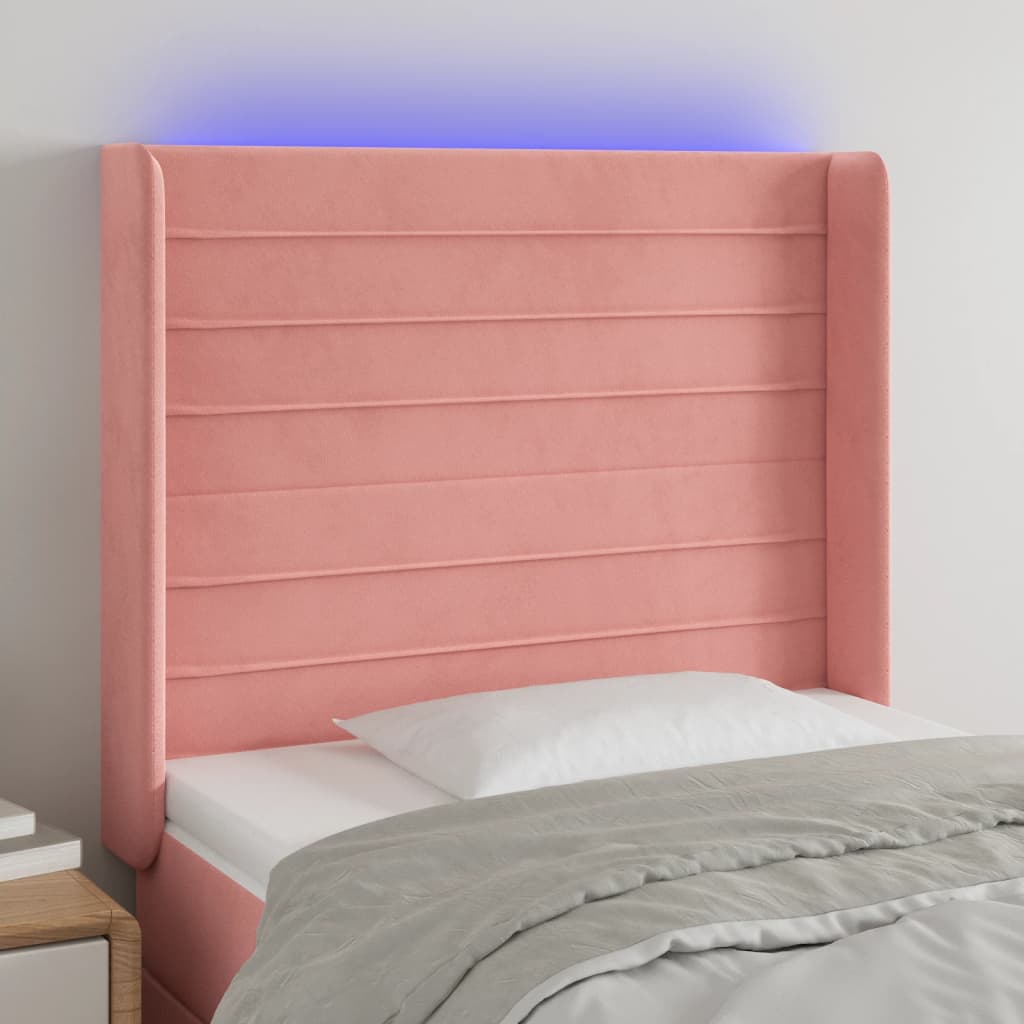 sengegavl med LED-lys 93x16x118/128 cm fløjl lyserød