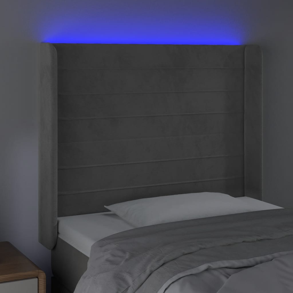 sengegavl med LED-lys 103x16x118/128 cm fløjl lysegrå