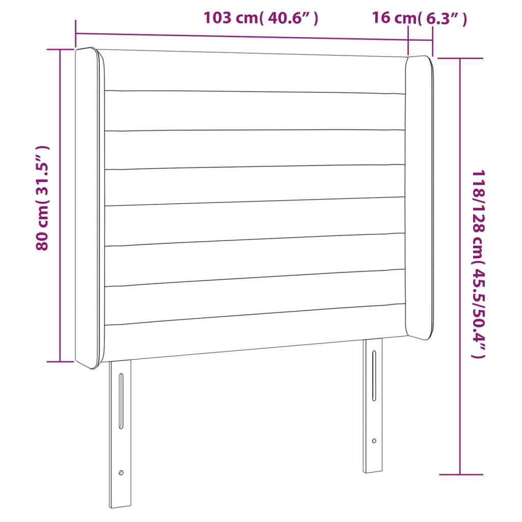 sengegavl med LED-lys 103x16x118/128 cm fløjl mørkegrå
