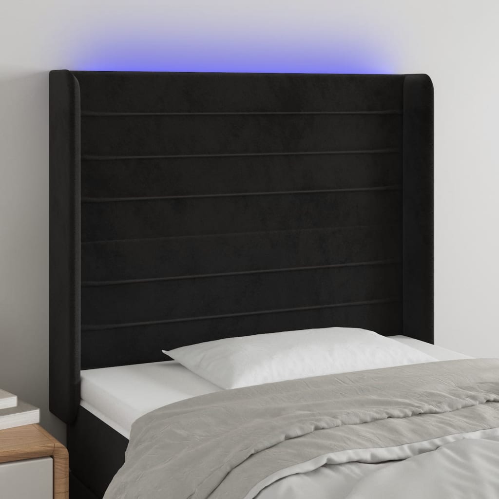sengegavl med LED-lys 103x16x118/128 cm fløjl sort