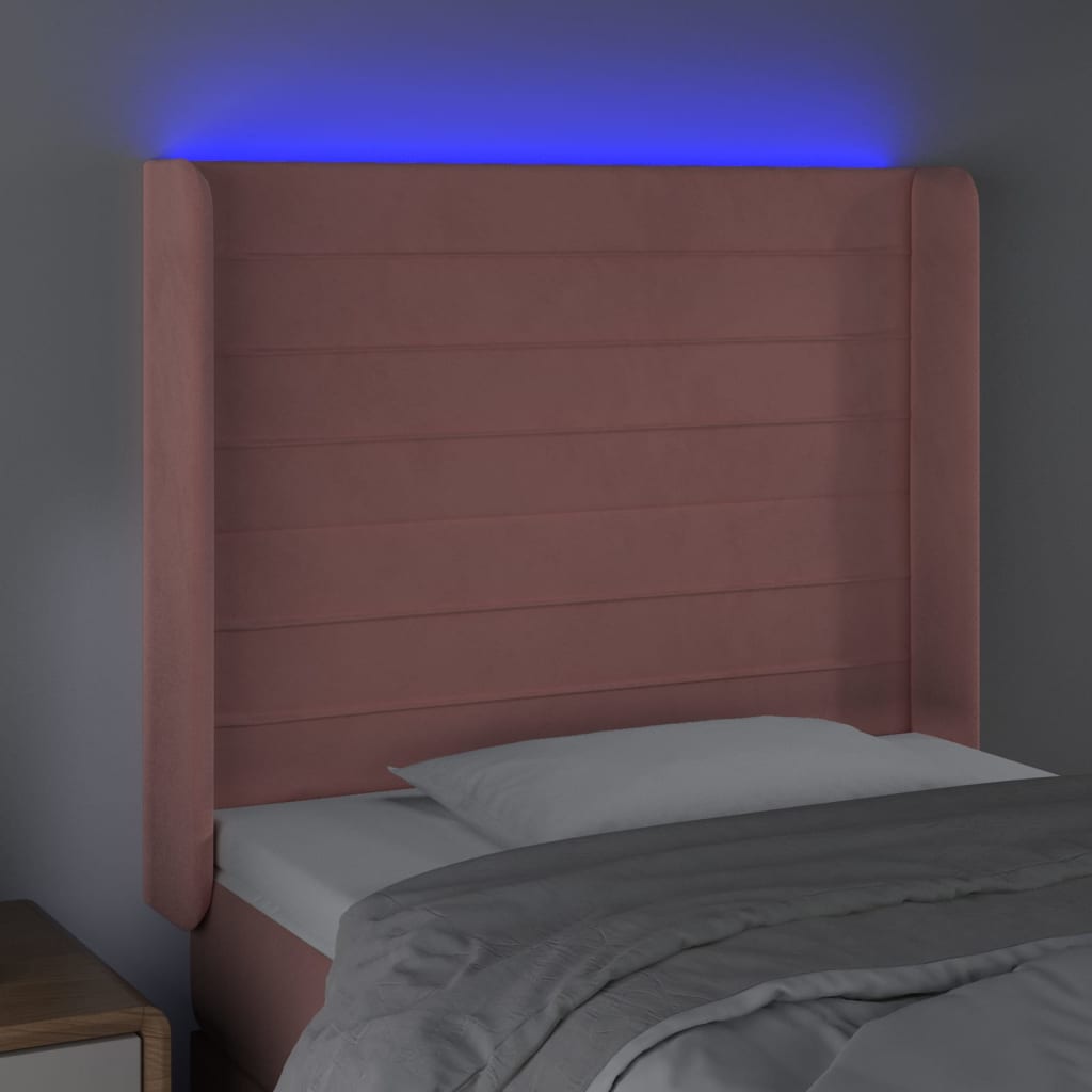 sengegavl med LED-lys 103x16x118/128 cm fløjl lyserød
